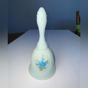 Blue Satin Fenton Art Glass Cabbage Rose Hand Painted Bell